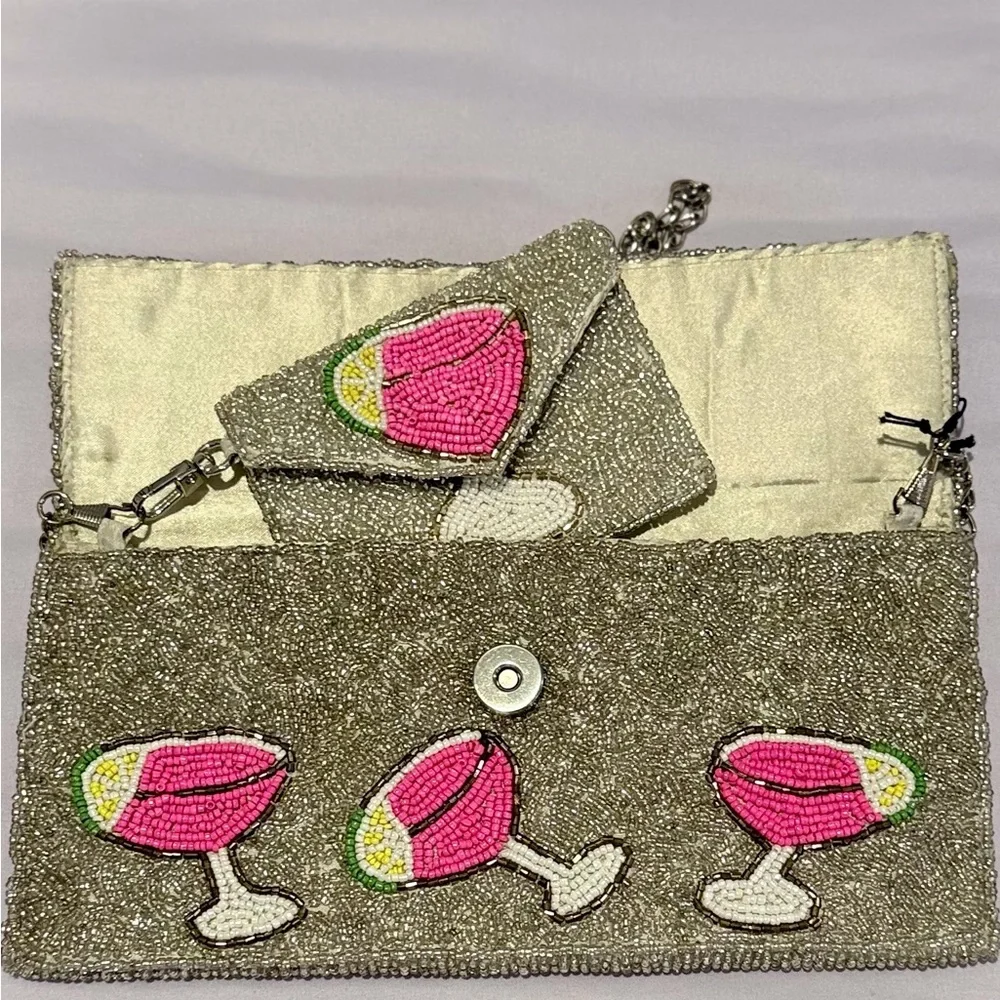 Rachel Zoe Silver Beaded Clutch with Pink Cocktail Motif w/ coin pouch